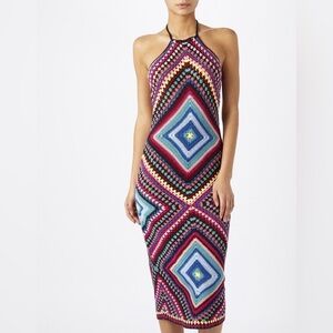 Monsoon vibrant multicolor hand crochet midi halter dress tassels sheath S